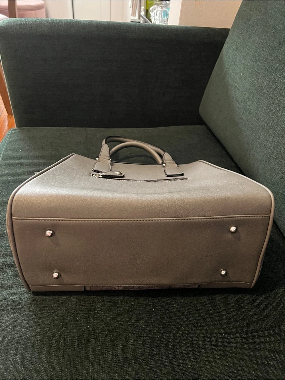 Andrew Marc Gray Croc-Embossed Satchel with removable cross-body strap.